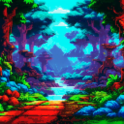 unstable portal, metal scrap, middle of forest, sRGB, pixel art, background, landscape