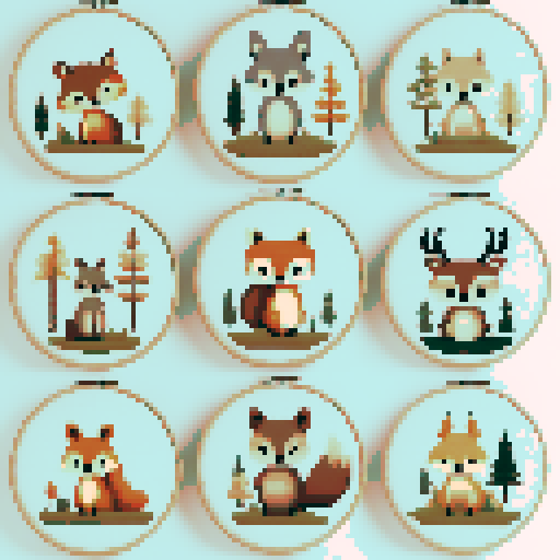 a collection of woodland creatures modern cross stitch style earthy tones Woodland cross stitch pattern, Forest cross stitch pdf download, Cottage wall decor, Modern cross stitch, Nature embroidery Woodland nursery 