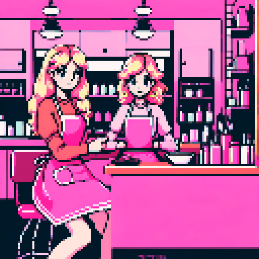 A girl with long blonde wavy hair, wearing a pink apron, sitting in front of another girl at a table in a nail salon. 