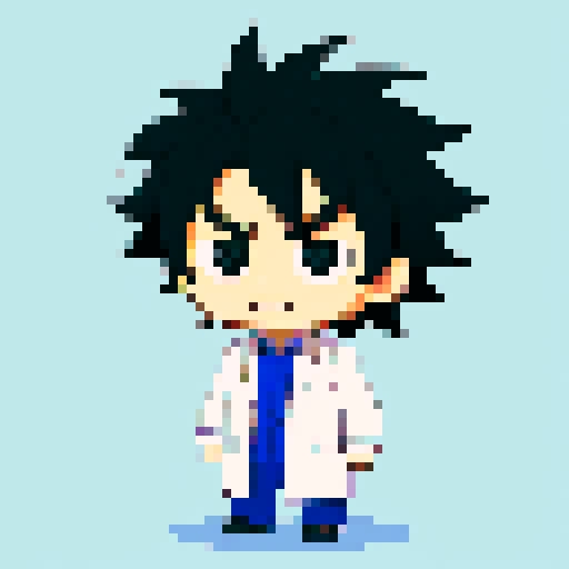 tired-looking, mad scientist with unkempt black hair and bags under his eyes, wearing a lab coat, in cute chibi style pixel art with sRGB color profile