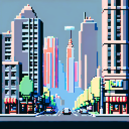 Cityscape, towering skyscrapers, bustling streets, retro video game vibes, blocky pixelated buildings, grey palette, 8-bit art style,ARNE32 palette, little details
