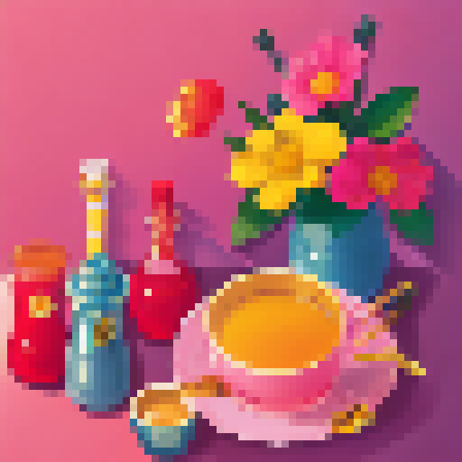 "Honey Heaven" cereal box, adorned with buzzing cartoon bees and golden honeycombs, sits atop a vibrant pink and yellow breakfast table with milk pouring into the bowl, all rendered in a retro 1950s art style.