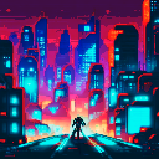 Cyborg scavenger with glowing eyes, navigating through rusty pipes and broken neon signs in an abandoned city of towering skyscrapers, illuminated only by flickering holograms and polluted air, with abandoned vehicles scattered in the background - all portrayed in dark, sRGB pixel art style