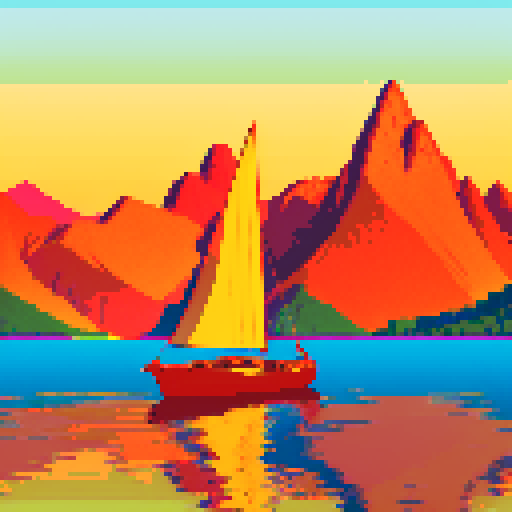 sunset sky in vibrant hues, towering mountains with jagged peaks, serene waters reflecting the golden glow, a pixel art boat sailing towards the horizon