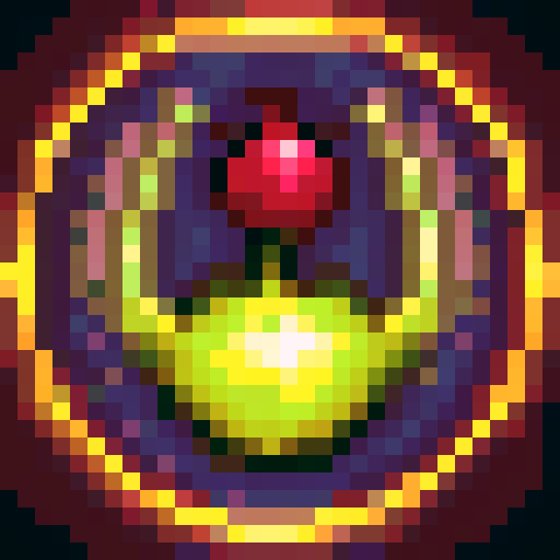 pomegranate with a crown and leaf, 4 corners picture, perfect company logo, fixed shading, natural color variations, 12 pixel arts, game icon, 32x32 pixel art, sRGB, skill art, close up, portrait