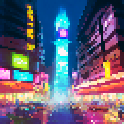 Neon-lit skyscrapers tower over a bustling metropolis filled with holographic advertisements and advanced technology, all depicted in a portrait landscape.