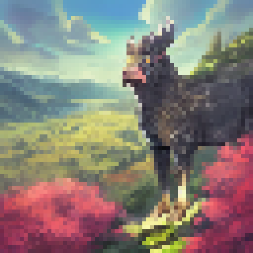 King Clawthorn surveys his kingdom atop a mountain peak, overlooking a sprawling landscape of rolling hills, lush forests, and sparkling rivers, depicted in a regal portrait-style illustration.