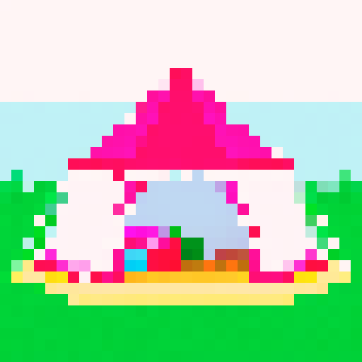 pixelated, white tent with retro 8-bit graphics