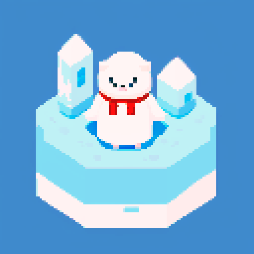 tiny eskimo pixel character, petting pixel seal animal, on iceberg, with tiny cabin nearby, pixel art, sRGB