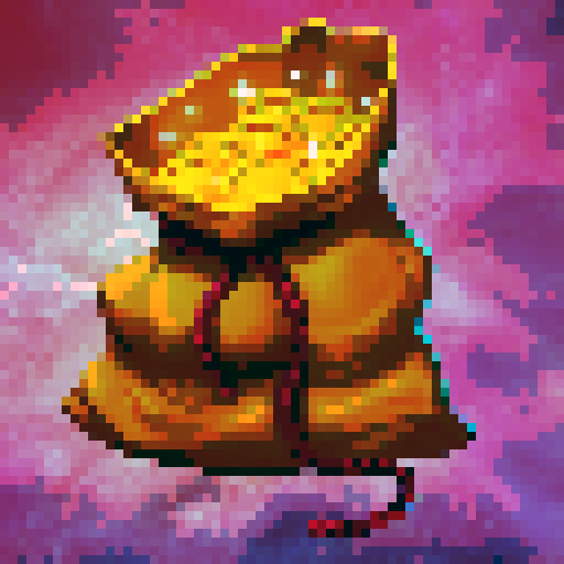 A bulging sack of golden coins, its rich, velvety fabric cinched with a crimson rope, overflowing with shimmering treasure. Each coin gleams with a warm, enchanted glow, catching the light with a touch of magic. Rendered in a vibrant, fantasy-inspired digital painting, set against a swirling cosmic backdrop,   as a 32x32 pixel game icon, rendered with skillful pixel art in sRGB colors

