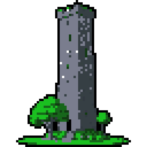 2d grey stone tower in an ancient english style. Old and crumbling but still upright. Green vines crisscross it. Usable as an asset (clear, thick lines and a white background). Put a black stroke around the composition
