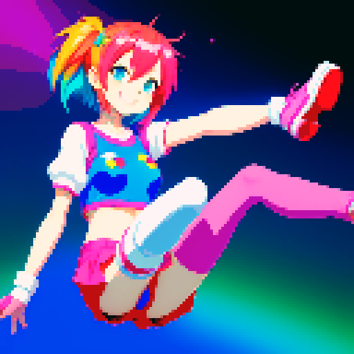 An anime style girl with bright hair, expressive eyes and playful smile stretches out her legs in stockings made in bright sRGB color space