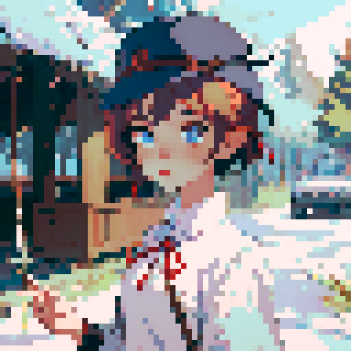 A girl, blue eyes, short hair, white shirt, beige hat, red neck ribbon, holding an incense stick, night time background, in the forest