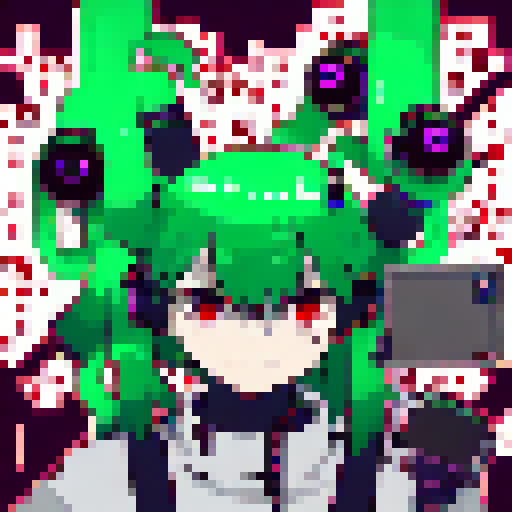 Anime hacker with neon green hair and glowing red eyes smirking mischievously in a close-up character portrait, surrounded by lines of code and circuit boards, all rendered in a pixel art anime style.