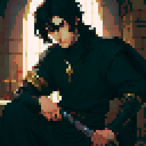 Young man with neck length black hair. Sword at his side. Medieval fantasy.