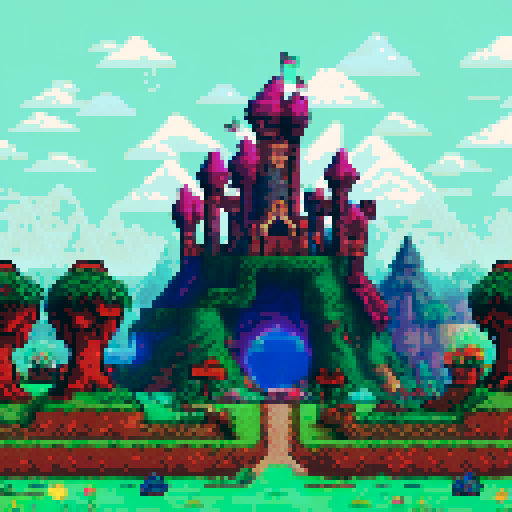 Cozy green clearing, majestic "Bone Castle", beautiful trees, vibrant flowers, sRGB pixel art, warm atmosphere, side view game, terraria style