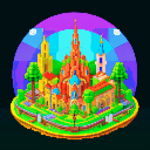 city, high tech castles, cathedrals with glowing stained glass windows, futuristic bridges spanning lush greenery, pixelated trees and flowers, small digital animals roaming, all in vibrant sRGB colors