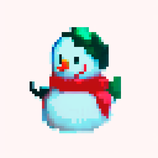 "pixel art snowman made of two balls, wearing a vibrant red scarf, using a retro-inspired 8-bit art style."