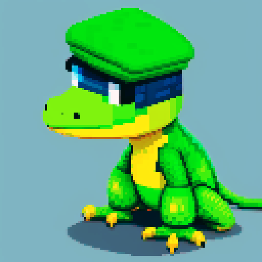 anthropomorphic lizard with cap, minimalistic, dark colors, pixelated details, retro video game style, vibrant green scales, expressive eyes, cap with a pixelated design