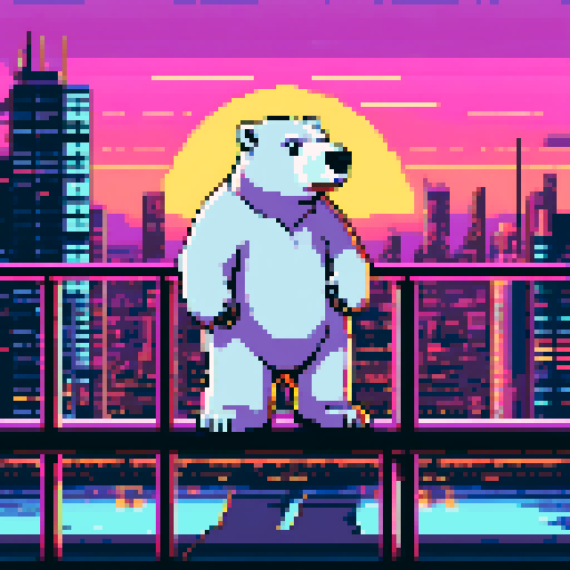 "An 8-bit pixel art of a polar bear standing on a sleek, modern balcony, overlooking a glowing sunset. The bear, adorned with gold chains and sunglasses, leans casually on the railing, with stacks of crypto coins and a tablet showing trading charts beside him. The futuristic cityscape below is lit with neon signs and holograms, blending the serene sunset with the high-tech crypto world."