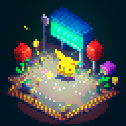 Chibi police officer catching a Pikachu in a pixelated urban street full of neon lights and graffiti