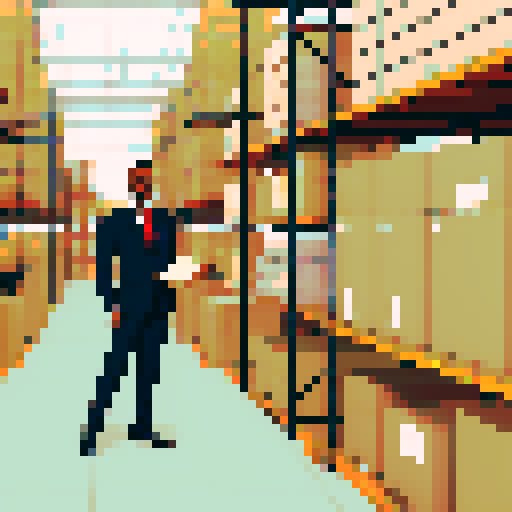 African wholesale featuring a black man in a suit, with an empty shelf in the foreground that could fit boxes