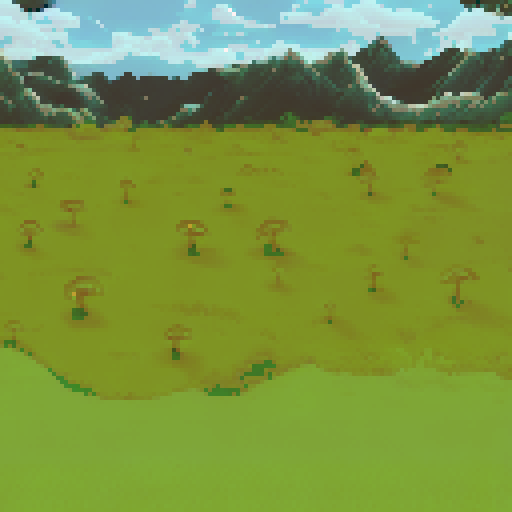 Vast grassy field dotted with golden mushrooms under a bright, clear sky. Jagged mountains line the horizon, framed by floating green cliffs. Soft shadows and muted greens dominate, creating a serene yet fantastical atmosphere. The lighting is natural, with crisp details in the clouds and terrain.
