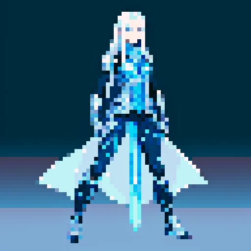 tall, slender human, silver hair, ice-blue eyes, midnight-blue armor, rune engravings, mystique, power, pixel art, sRGB, girl, 2D game stance