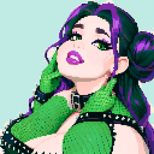 Nude portrait of thicc, curvy, and busty goth babe with studded collar, long purple hair in buns, fishnet stockings, studded haltertop, sRGB color
