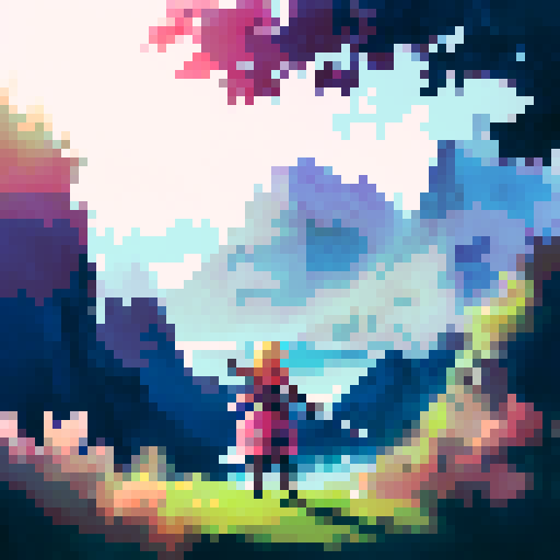 a woman knight holding a sword above her head, clad in armor, with mountains behind