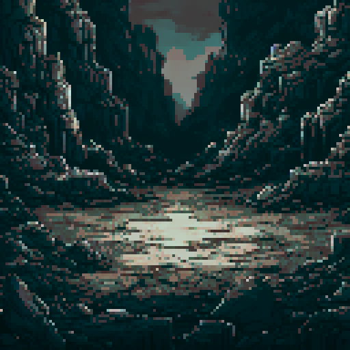 Design a dark, atmospheric RPG-style battle background set in a rocky cave. The view is slightly top-down, with a flat, cracked ground in the foreground for character placement. Surround it with jagged rock formations and scattered charcoal-colored boulders. Use dim ambient lighting to emphasize shadows and depth, creating a mysterious and isolated cave setting with earthy tones and a muted, rugged aesthetic.