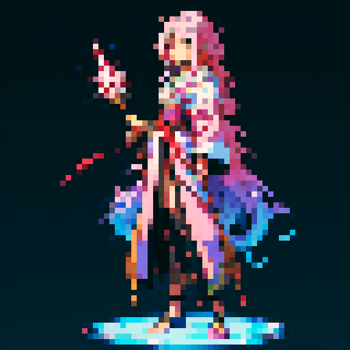 legendary anime girl wizard, long flowing hair, vibrant and dynamic colors, glowing magical staff, intricate and ornate robes, intense and focused expression looking to the right, not wearing shoes, sparkling and shimmering background, detailed and precise pixel art
