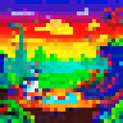 Ren and Stimpy, a chihuahua and a cat, are sitting on a psychedelic green couch with a lava lamp beside them, surrounded by a chaotic and colorful sRGB pixel art landscape