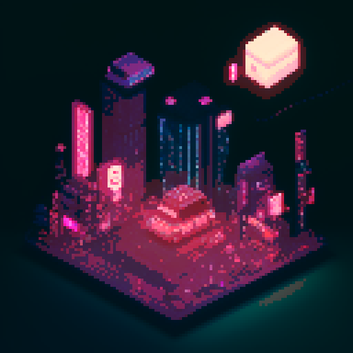 isometric 3D perspective, anime girl hovering in street, Japanese cyberpunk, neon lights, futuristic cityscape, dark colors, pixel art
