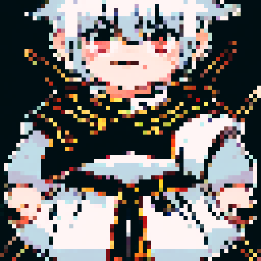 "Create a pixelated anime-style close-up portrait of a solemn priest with a stern gaze, adorned in ornate vestments and holding a glowing cross pendant."