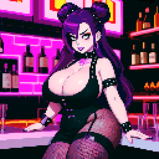 Thicc, curvy, busty goth babe with studded collar, long purple hair in buns, fishnet stockings, working as a bartender, nude big titty goth face portrait, neon signage, modern tile, pixel art, sRGB