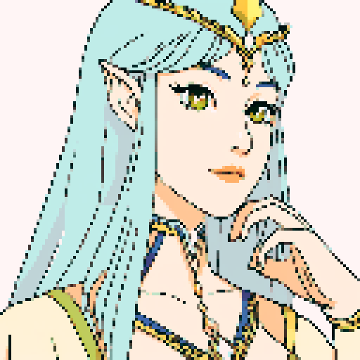 beautiful illustrious Elf Queen, golden-sun hair with white, comforting, welcoming look, ceremonial regal clothes of the elven royalty, pixel art, sRGB