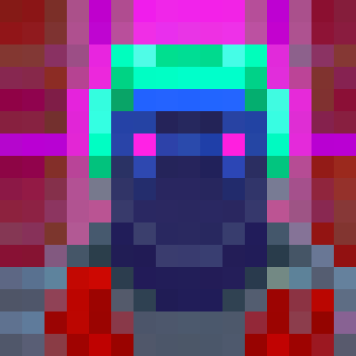 Cyberpunk robot with neon blue eyes, metallic claws, and a circuit board brain, posing in a gritty alleyway with a backdrop of flickering holographic billboards in a retro 16x16 pixel art style.