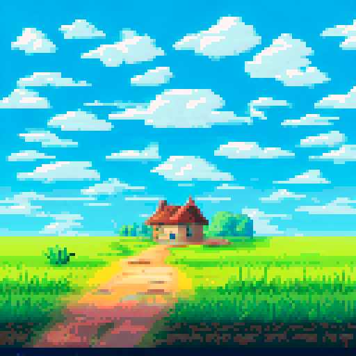 A horizontal landscape of a flat terrain of dirt with grass on top. On top of the terrain is a cottage and a windmill building. There are clouds in the sky and it is daytime.