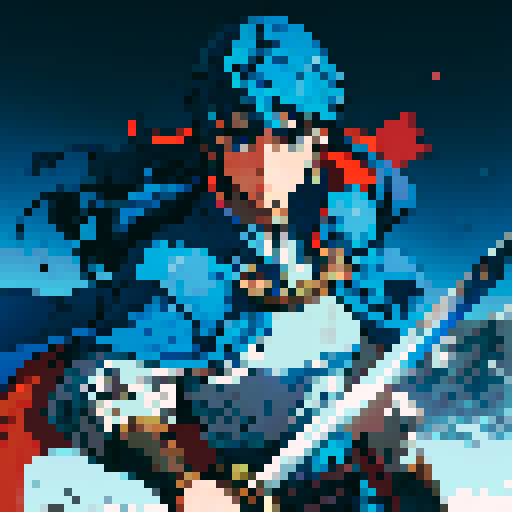 Fire Emblem Ike, determined, warrior, blue hair, cape flowing, sword in hand, commanding army below, pixel art, sRGB