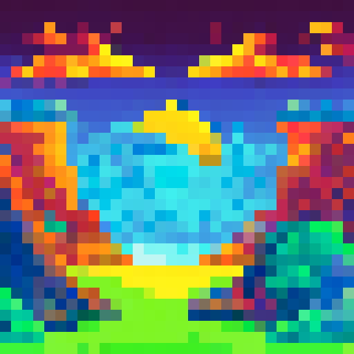 Pixel desert, towering cliffs, vibrant sunset colors, massive sun casting long shadows, distant planet visible in the sky, otherworldly landscape, pixel art style emphasizing sharp edges and limited color palette, 320 by 180 resolution, sRGB color space, background showcasing the vastness of the alien desert