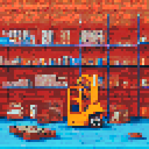 pixelated, colorful, stacks of cardboard boxes, neatly organized, towering shelves, faded retro signage, fluorescent lights, dust particles in the air, a forklift in the corner, conveyor belts, mechanical noises, crates filled with tools, vintage machinery, paint splatters on the floor, rusted metal beams