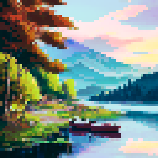 river dock, serene water, wooden planks, fishing boats, colorful sunset, distant mountains, calm reflection, vibrant sky, peaceful atmosphere, golden light, tranquil setting