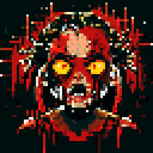 blood splatters,  pixelated gore, vibrant red hues, jagged edges, detailed carnage, distressed pixels, dark and macabre, horror in 8-bit, low resolution brutality, intense violence, twisted and distorted, gory masterpiece, graphic and shocking, retro gore, pixelated horror, sRGB color palette, gruesome scenes, intense pixelation
