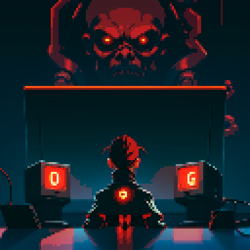 giant computer terminal, complex machines, blinking red lights, hanging cables in shadow, dark, morbid, bioorganic style, sRGB, pixel art