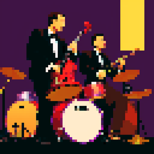 jazz musicians playing instruments, drums, double bass, in a dim bar, black, purple, brown, gold, pixel art style, sRGB