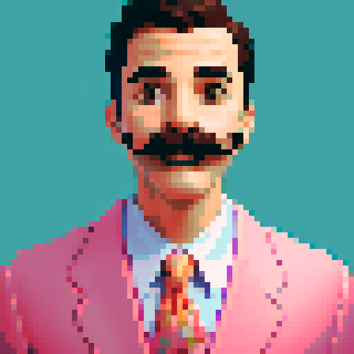 surprised man with a mustache, bright suit, closeup portrait