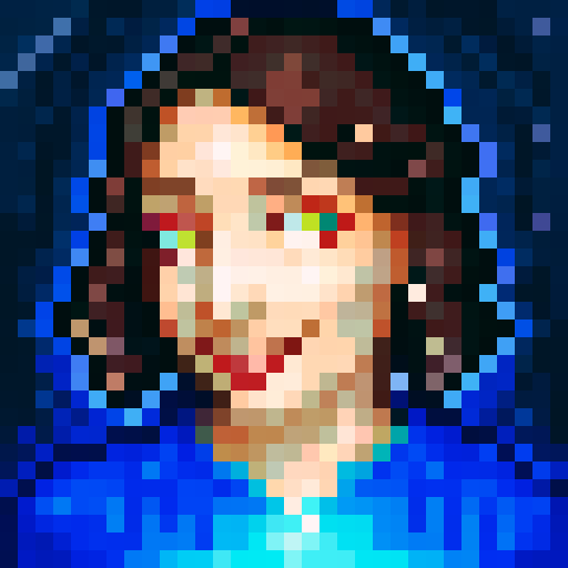 young lady, pixelated, game icon, 32x32 pixels, vibrant colors, sRGB, skill art, close up, portrait, expressive eyes, flowing hair, confident smile, detailed shading, intricate details