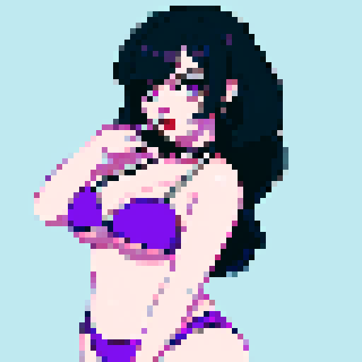 curvy, cute goth girl with black hair, purple eyeshadow, and red lipstick, wearing a bikini, in a glamour shot, with pixel art and sRGB style