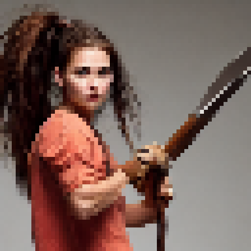 A character called Hayley who has brown hair, brown eyes, white skin, carries an axe for cutting trees and has her hair in a ponytail.